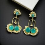 Bulk 26 Gold Plated Beautiful Monalisa Stone Pearl Dangler Earrings – Traditional Party Wear Jewelry - "Aqua"