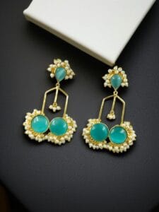 Gold Plated Beautiful Monalisa Stone Pearl Dangler Earrings – Traditional Party Wear Jewelry - color: "Aqua"