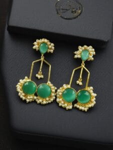 Gold Plated Beautiful Monalisa Stone Pearl Dangler Earrings – Traditional Party Wear Jewelry - color: "Mint"