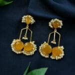 Bulk 20 Gold Plated Beautiful Monalisa Stone Pearl Dangler Earrings – Traditional Party Wear Jewelry - "Yellow"