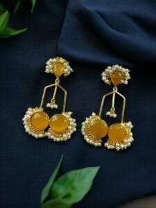 Gold Plated Beautiful Monalisa Stone Pearl Dangler Earrings – Traditional Party Wear Jewelry - color: "Yellow"