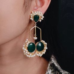 Gold Plated Monalisa Stone Pearl Dangler Earrings – Elegant Traditional Party Wear Jewelry for Women.