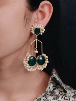 Gold Plated Monalisa Stone Pearl Dangler Earrings – Elegant Traditional Party Wear Jewelry for Women.