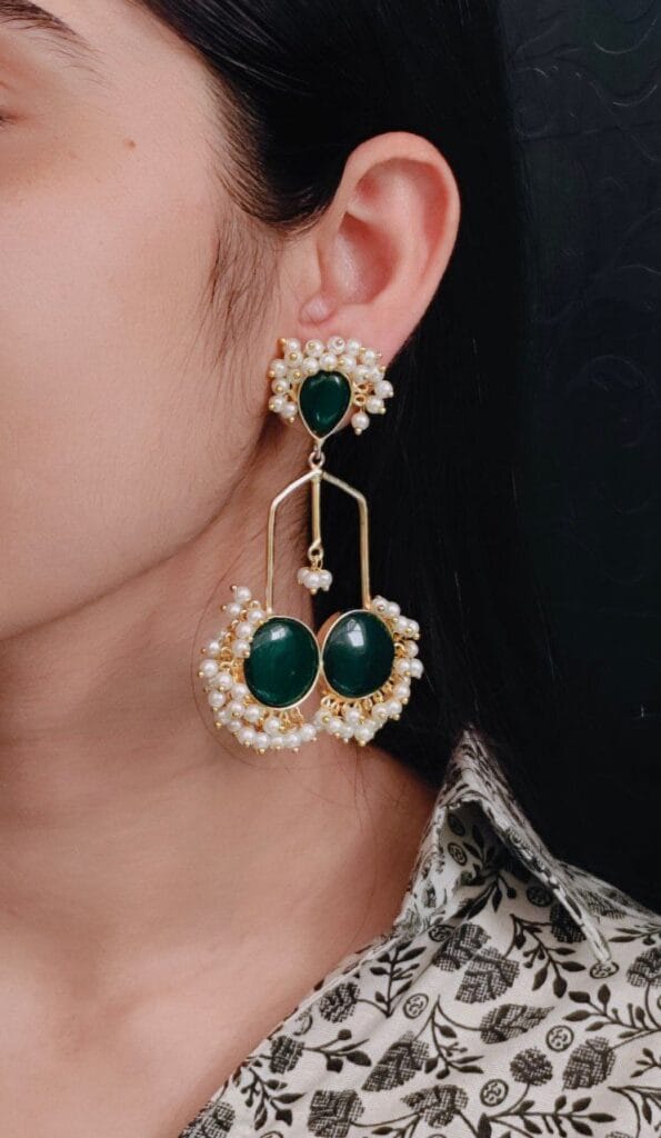 Gold Plated Beautiful Monalisa Stone Pearl Dangler Earrings – Traditional Party Wear Jewelry
