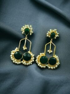 Gold Plated Beautiful Monalisa Stone Pearl Dangler Earrings – Traditional Party Wear Jewelry - color: "Green"