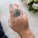 Bulk 56 Traditional Lotus Design Oxidised Silver Stone Work Rings - "Green"