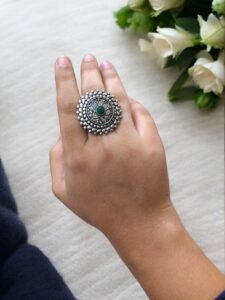 Traditional Lotus Design Oxidised Silver Stone Work Rings - Color: "Green"