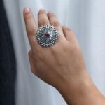 Bulk 58 Traditional Lotus Design Oxidised Silver Stone Work Rings - "Pink"