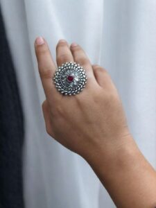 Traditional Lotus Design Oxidised Silver Stone Work Rings - Color: "Pink"