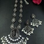 Radha Krishna Stone Work Oxidised Silver Plated Long Necklace Set For Girls - "White"