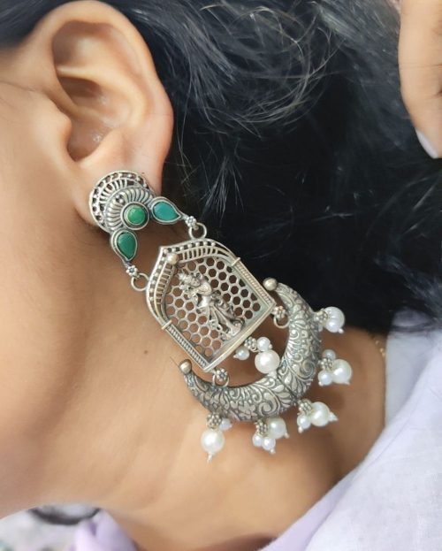 Silver Replica Lord Krishna Dangler Earring with Stone Work