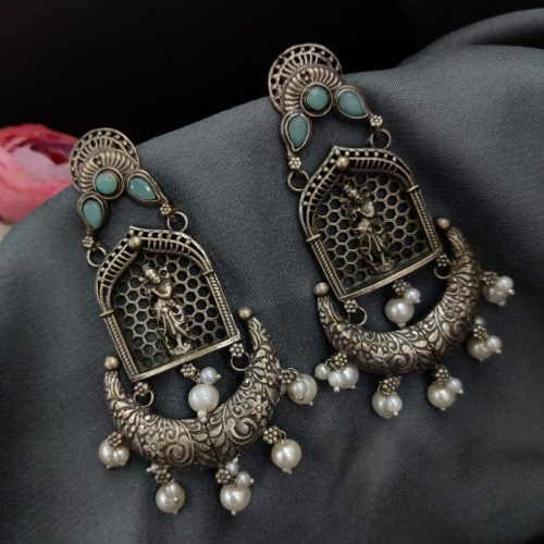 Silver Replica Lord Krishna Dangler Earring with Stone Work - Image 2