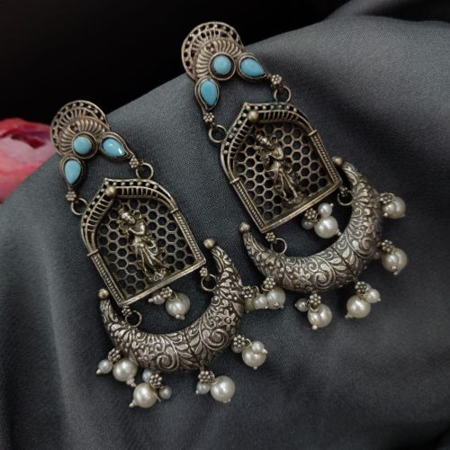 Silver Replica Lord Krishna Dangler Earring with Stone Work - Image 4