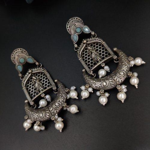 Silver Replica Lord Krishna Dangler Earring with Stone Work - Image 3