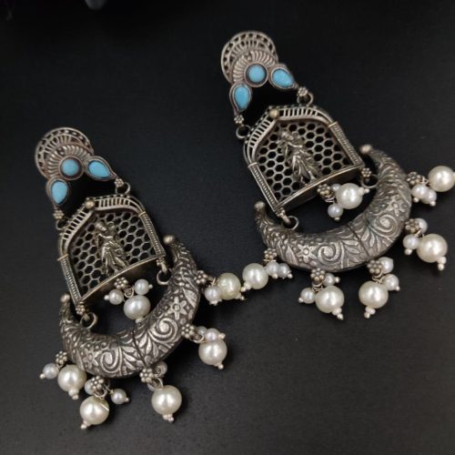 Silver Replica Lord Krishna Dangler Earring with Stone Work - Image 5
