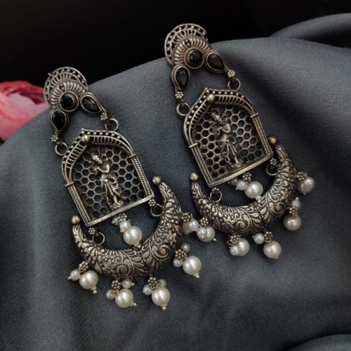 Silver Replica Lord Krishna Dangler Earring with Stone Work - Image 6