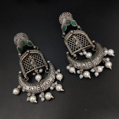 Silver Replica Lord Krishna Dangler Earring with Stone Work - Image 9