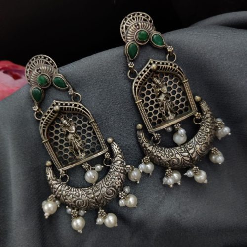 Silver Replica Lord Krishna Dangler Earring with Stone Work - Image 8