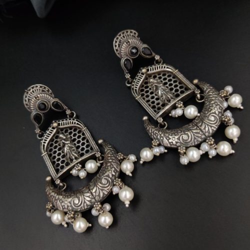 Silver Replica Lord Krishna Dangler Earring with Stone Work - Image 7