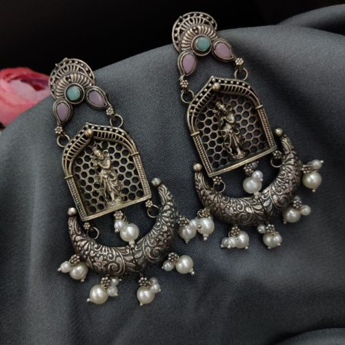 Silver Replica Lord Krishna Dangler Earring with Stone Work - Image 10