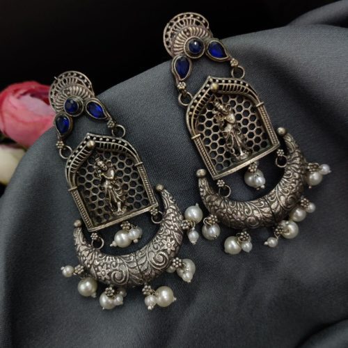 Silver Replica Lord Krishna Dangler Earring with Stone Work - Image 12