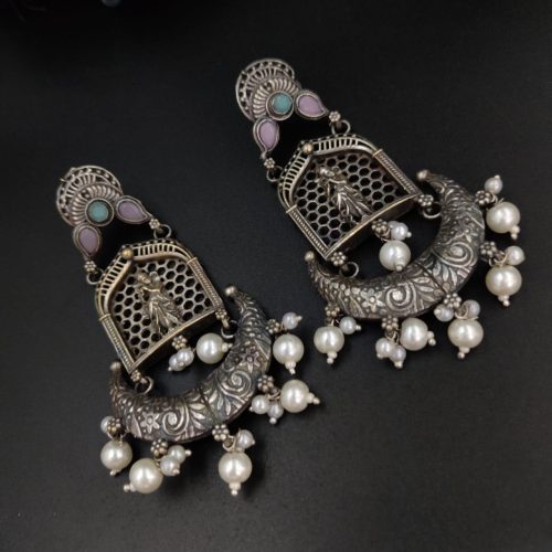 Silver Replica Lord Krishna Dangler Earring with Stone Work - Image 11