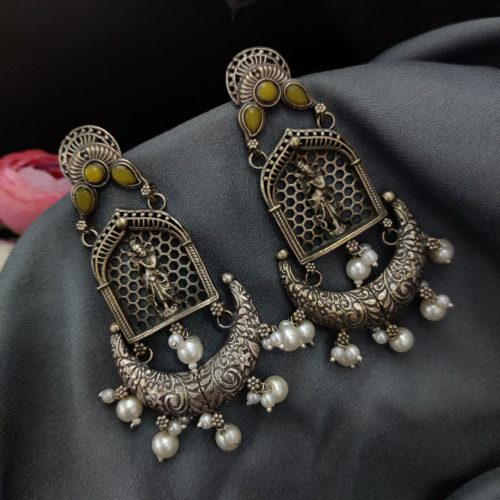 Silver Replica Lord Krishna Dangler Earring with Stone Work - Image 14