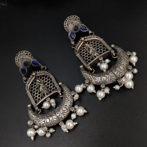 Silver Replica Lord Krishna Dangler Earring with Stone Work - Image 13