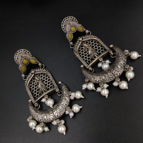 Silver Replica Lord Krishna Dangler Earring with Stone Work - Image 15