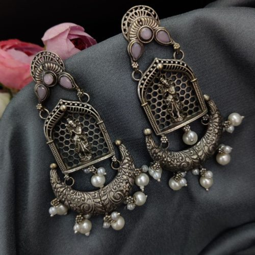 Silver Replica Lord Krishna Dangler Earring with Stone Work - Image 16