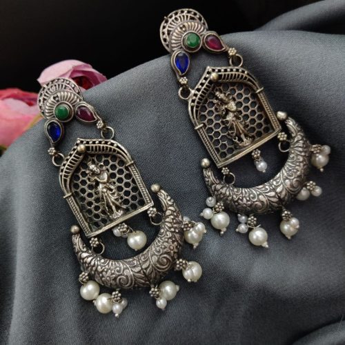 Silver Replica Lord Krishna Dangler Earring with Stone Work - Image 18