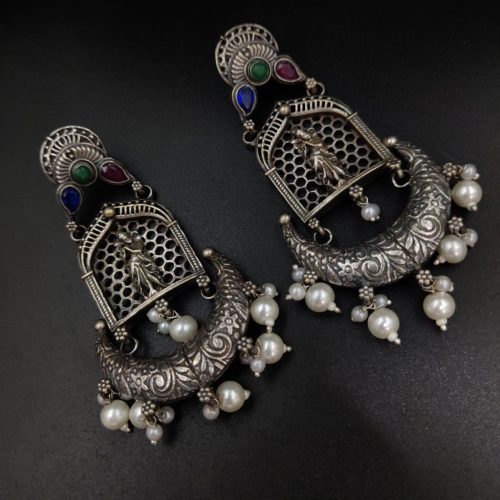 Silver Replica Lord Krishna Dangler Earring with Stone Work - Image 19