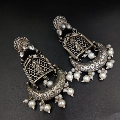 Silver Replica Lord Krishna Dangler Earring with Stone Work - Image 21
