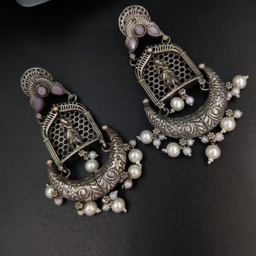 Silver Replica Lord Krishna Dangler Earring with Stone Work - Image 17