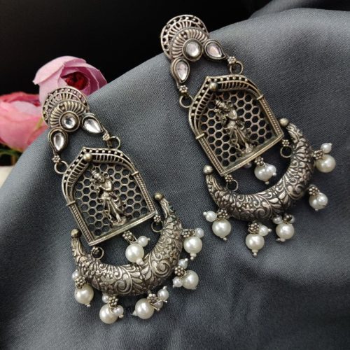 Silver Replica Lord Krishna Dangler Earring with Stone Work - Image 20