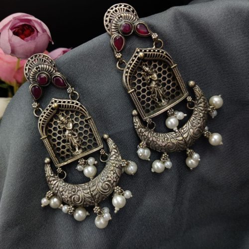 Silver Replica Lord Krishna Dangler Earring with Stone Work - Image 22