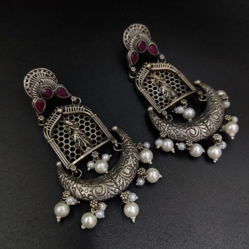 Silver Replica Lord Krishna Dangler Earring with Stone Work - Image 23