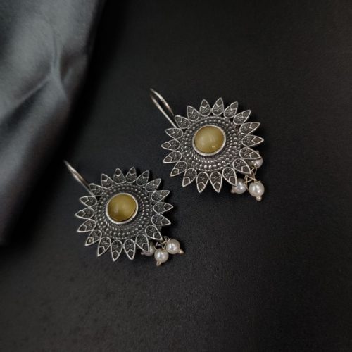 Silver Replica Flower Design Monalisa Stone Work Hook Earrings - Image 8