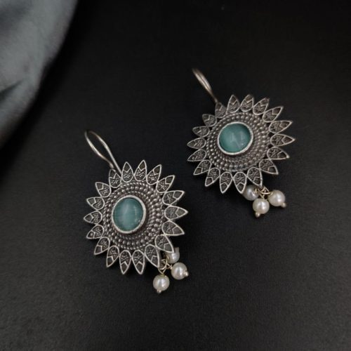 Silver Replica Flower Design Monalisa Stone Work Hook Earrings - Image 7