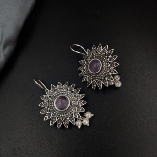 Silver Replica Flower Design Monalisa Stone Work Hook Earrings - Image 6