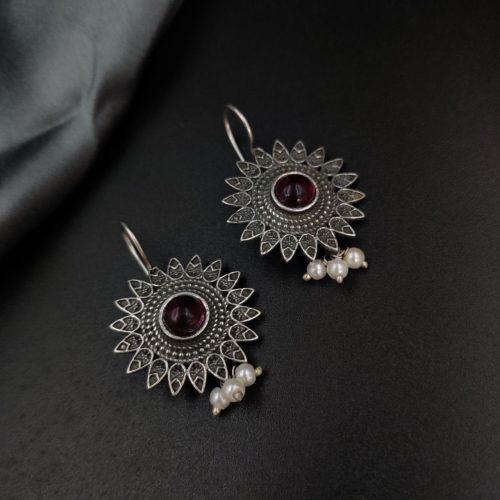 Silver Replica Flower Design Monalisa Stone Work Hook Earrings - Image 5