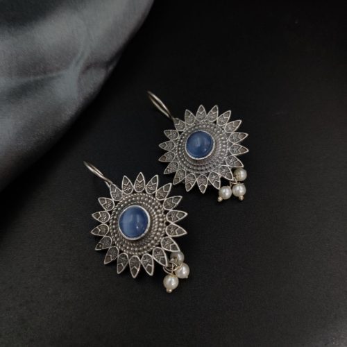 Silver Replica Flower Design Monalisa Stone Work Hook Earrings