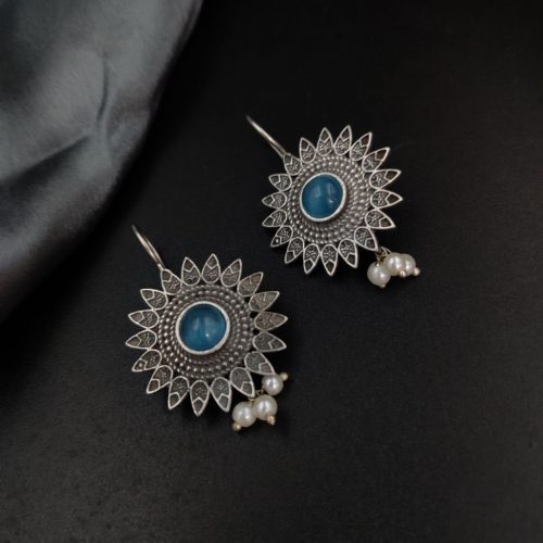 Silver Replica Flower Design Monalisa Stone Work Hook Earrings - Image 4