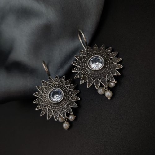 Silver Replica Flower Design Monalisa Stone Work Hook Earrings - Image 2