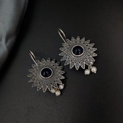 Silver Replica Flower Design Monalisa Stone Work Hook Earrings - Image 9