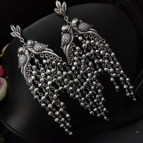 Designer Long Dangler Peacock Design Stud Oxidised Stud Earrings