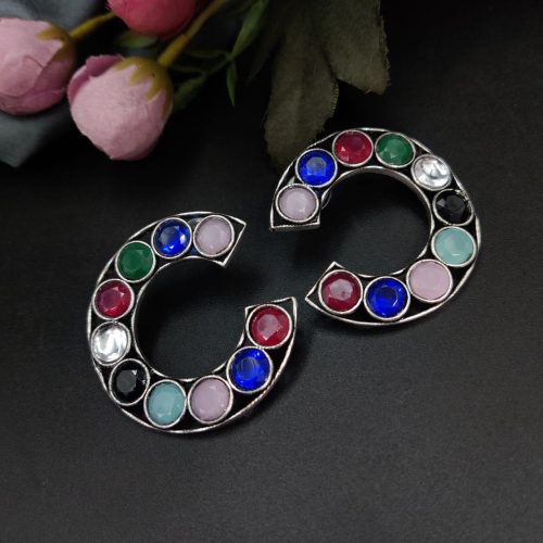 Premium Iconic Look Stone Work Oxidised Stud Earrings For Girls - Image 9
