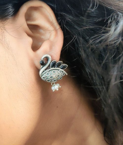 Silver Replica Designer Piece Of Bird Oxidised Stud Earrings For Girls - Image 5