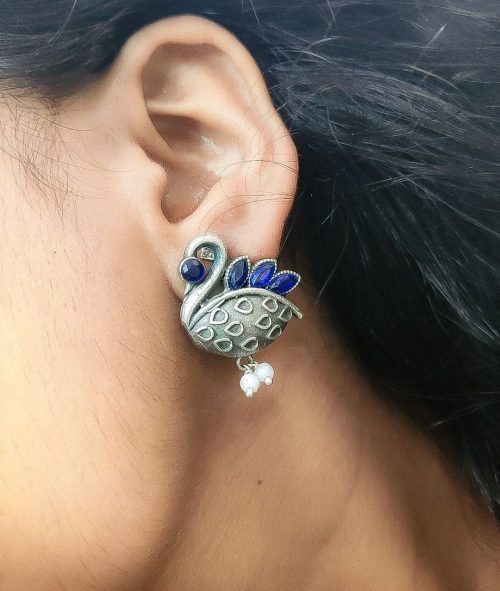 Silver Replica Designer Piece Of Bird Oxidised Stud Earrings For Girls - Image 8