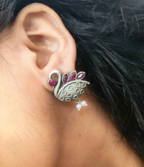 Silver Replica Designer Piece Of Bird Oxidised Stud Earrings For Girls - Image 20